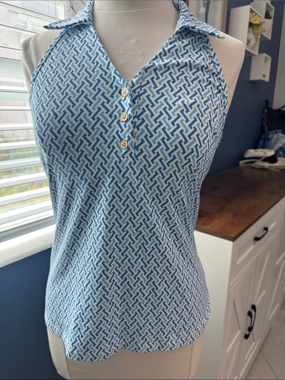 J.McLaughlin- Blue Geo Print Sleeveless Polo Tank Top